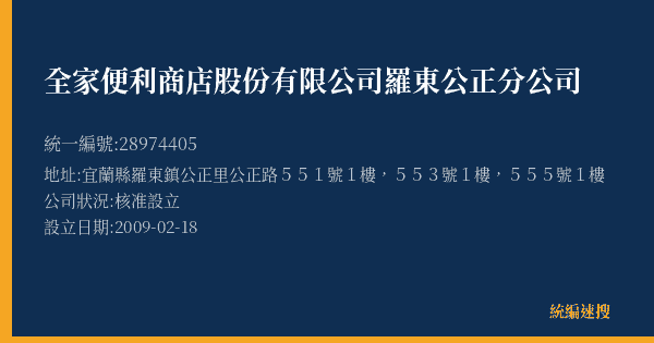 全家便利商店股份有限公司羅東公正分公司的照片-統編 28974405(宜蘭縣) 公司登記資料與營業項目詳細圖表