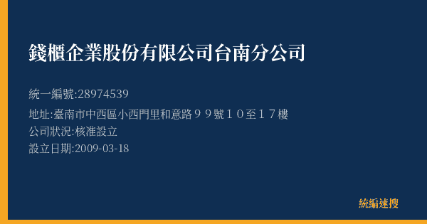 錢櫃企業股份有限公司台南分公司的照片-統編 28974539(臺南市) 公司登記資料與營業項目詳細圖表