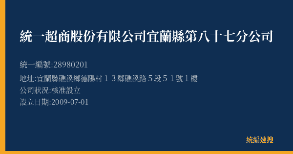 統一超商股份有限公司宜蘭縣第八十七分公司的照片-統編 28980201(宜蘭縣) 公司登記資料與營業項目詳細圖表
