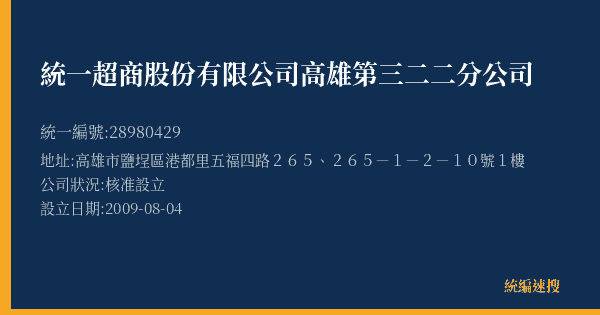 統一超商股份有限公司高雄第三二二分公司的照片-統編 28980429(高雄市) 公司登記資料與營業項目詳細圖表