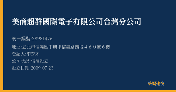 美商超群國際電子有限公司台灣分公司的照片-統編 28981476(臺北市) 公司登記資料與營業項目詳細圖表
