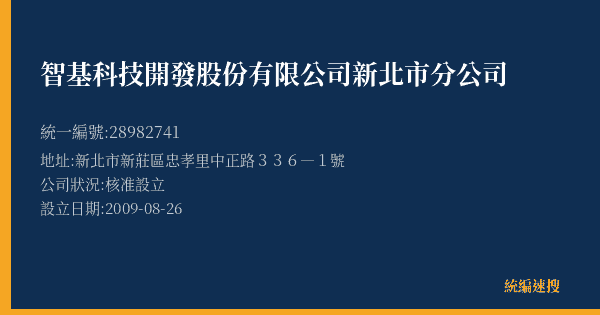 智基科技開發股份有限公司新北市分公司的照片-統編 28982741(新北市) 公司登記資料與營業項目詳細圖表