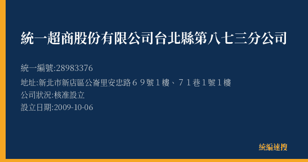 統一超商股份有限公司台北縣第八七三分公司的照片-統編 28983376(新北市) 公司登記資料與營業項目詳細圖表