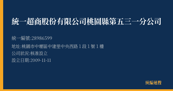 統一超商股份有限公司桃園縣第五三一分公司的照片-統編 28986599(桃園市) 公司登記資料與營業項目詳細圖表
