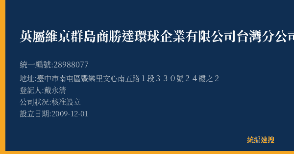 英屬維京群島商勝達環球企業有限公司台灣分公司的照片-統編 28988077(臺中市) 公司登記資料與營業項目詳細圖表