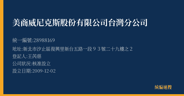 美商威尼克斯股份有限公司台灣分公司的照片-統編 28988169(新北市) 公司登記資料與營業項目詳細圖表