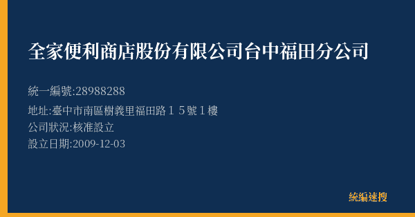 全家便利商店股份有限公司台中福田分公司的照片-統編 28988288(臺中市) 公司登記資料與營業項目詳細圖表