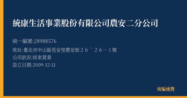 統康生活事業股份有限公司農安二分公司的照片-統編 28988576(臺北市) 公司登記資料與營業項目詳細圖表
