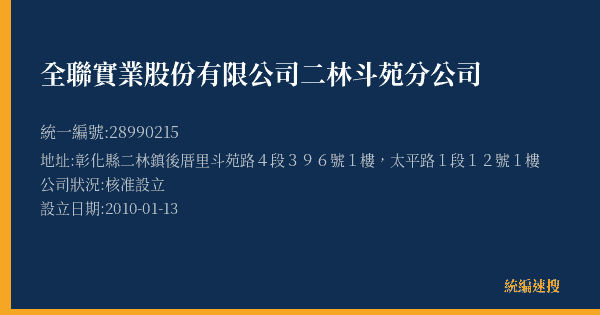 全聯實業股份有限公司二林斗苑分公司的照片-統編 28990215(彰化縣) 公司登記資料與營業項目詳細圖表