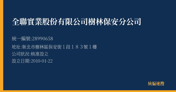 全聯實業股份有限公司樹林保安分公司的照片-統編 28990658(新北市) 公司登記資料與營業項目詳細圖表