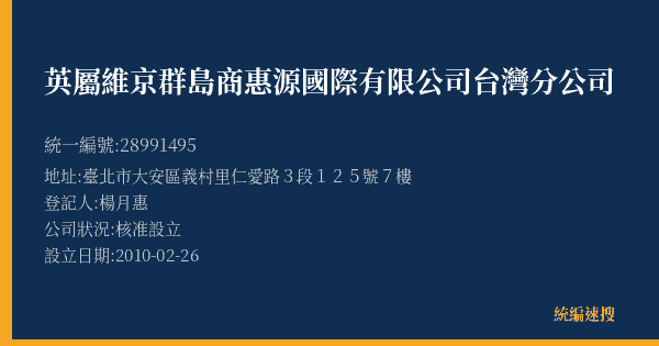 英屬維京群島商惠源國際有限公司台灣分公司的照片-統編 28991495(臺北市) 公司登記資料與營業項目詳細圖表