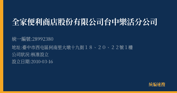 全家便利商店股份有限公司台中樂活分公司的照片-統編 28992380(臺中市) 公司登記資料與營業項目詳細圖表
