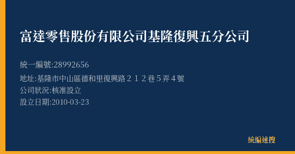富達零售股份有限公司基隆復興五分公司的照片-統編 28992656(基隆市) 公司登記資料與營業項目詳細圖表
