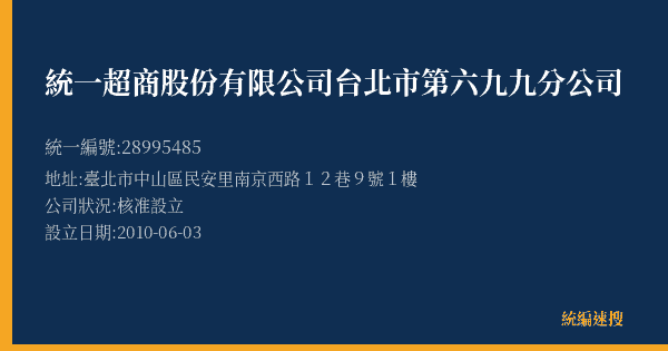 統一超商股份有限公司台北市第六九九分公司的照片-統編 28995485(臺北市) 公司登記資料與營業項目詳細圖表