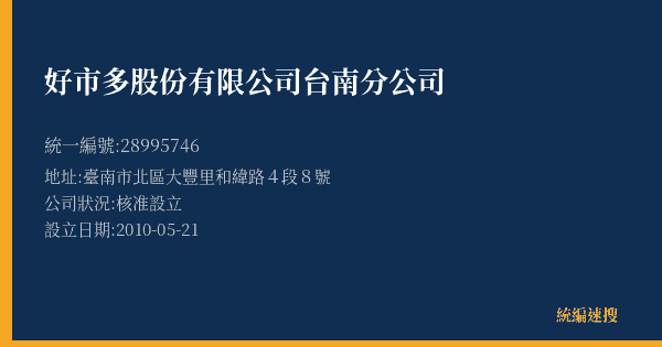 好市多股份有限公司台南分公司的照片-統編 28995746(臺南市) 公司登記資料與營業項目詳細圖表