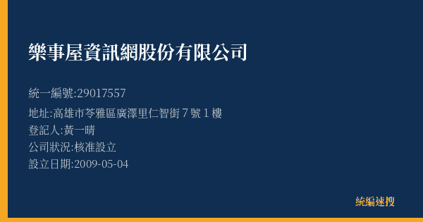 樂事屋資訊網股份有限公司的照片-統編 29017557(高雄市) 公司登記資料與營業項目詳細圖表