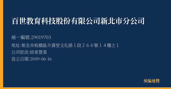 百世教育科技股份有限公司新北市分公司的照片-統編 29019703(新北市) 公司登記資料與營業項目詳細圖表