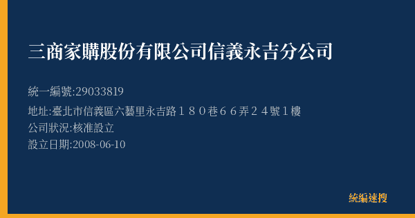 三商家購股份有限公司信義永吉分公司的照片-統編 29033819(臺北市) 公司登記資料與營業項目詳細圖表