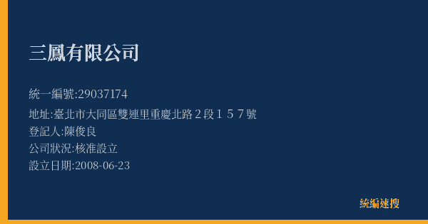 三鳳有限公司的照片-統編 29037174(臺北市) 公司登記資料與營業項目詳細圖表