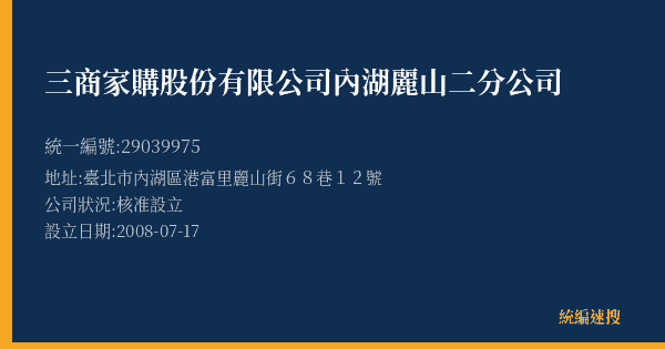 三商家購股份有限公司內湖麗山二分公司的照片-統編 29039975(臺北市) 公司登記資料與營業項目詳細圖表