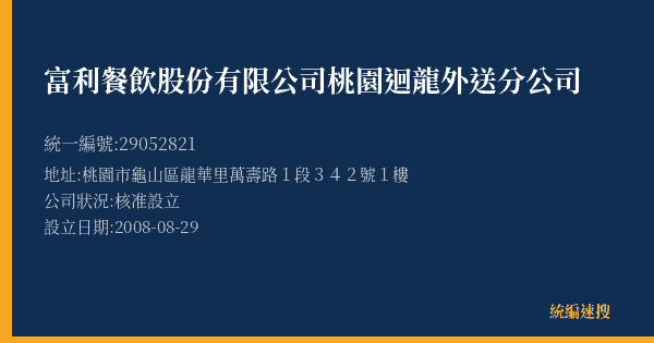 富利餐飲股份有限公司桃園迴龍外送分公司的照片-統編 29052821(桃園市) 公司登記資料與營業項目詳細圖表