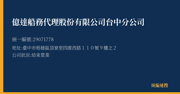 億達船務代理股份有限公司台中分公司的照片-統編 29071778(臺中市) 公司登記資料與營業項目詳細圖表