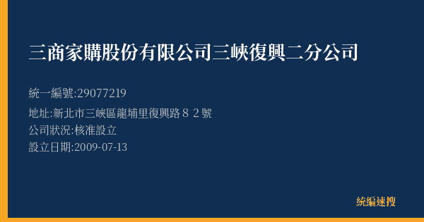 三商家購股份有限公司三峽復興二分公司的照片-統編 29077219(新北市) 公司登記資料與營業項目詳細圖表