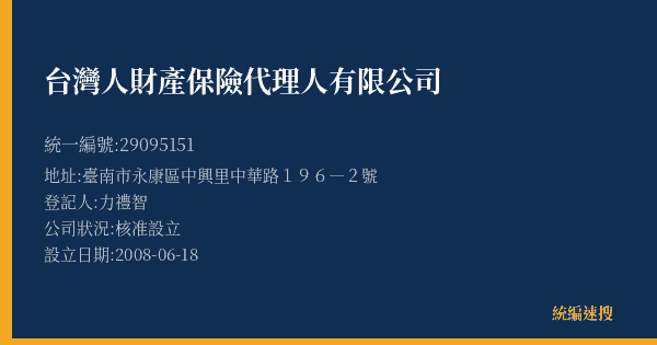 台灣人財產保險代理人有限公司的照片-統編 29095151(臺南市) 公司登記資料與營業項目詳細圖表