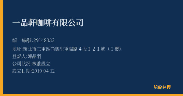 一品軒咖啡有限公司的照片-統編 29148333(新北市) 公司登記資料與營業項目詳細圖表