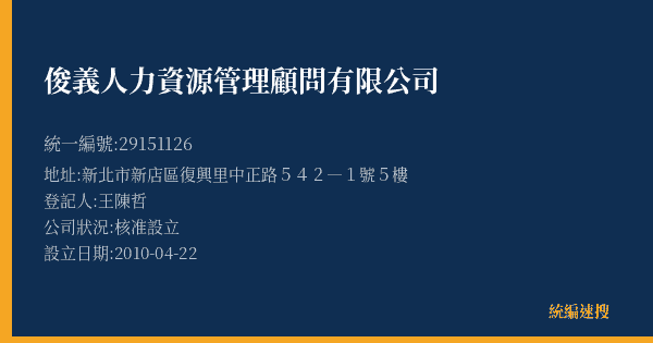 俊義人力資源管理顧問有限公司的照片-統編 29151126(新北市) 公司登記資料與營業項目詳細圖表