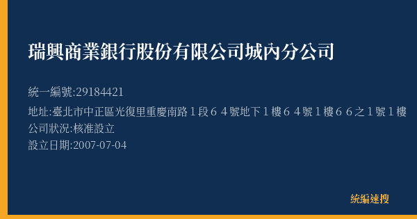 瑞興商業銀行股份有限公司城內分公司的照片-統編 29184421(臺北市) 公司登記資料與營業項目詳細圖表