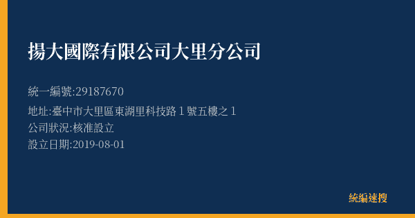 揚大國際有限公司大里分公司的照片-統編 29187670(臺中市) 公司登記資料與營業項目詳細圖表