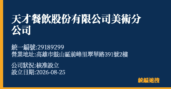 天才餐飲股份有限公司美術分公司的照片-統編 29189299(高雄市) 公司登記資料與營業項目詳細圖表