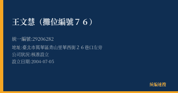 王文慧(攤位編號76)的照片-統編 29206282(臺北市) 公司登記資料與營業項目詳細圖表