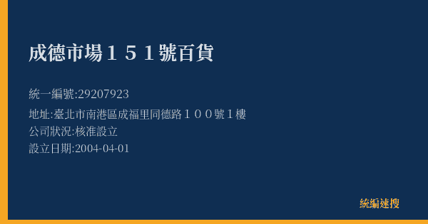 成德市場151號百貨的照片-統編 29207923(臺北市) 公司登記資料與營業項目詳細圖表