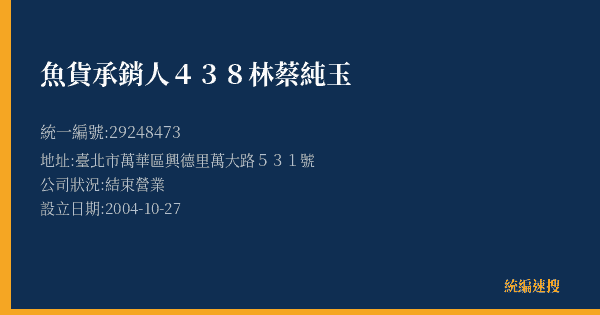 魚貨承銷人438林蔡純玉的照片-統編 29248473(臺北市) 公司登記資料與營業項目詳細圖表