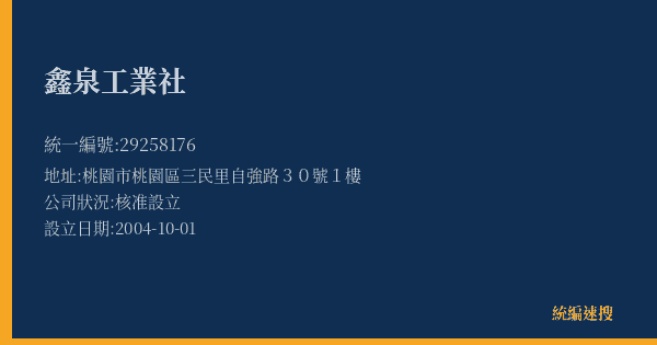 鑫泉工業社的照片-統編 29258176(桃園市) 公司登記資料與營業項目詳細圖表