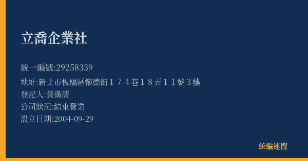 立喬企業社的照片-統編 29258339(新北市) 公司登記資料與營業項目詳細圖表