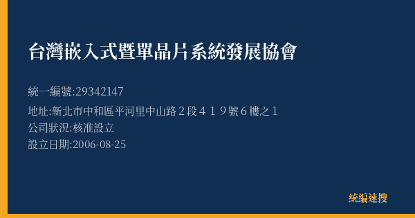 台灣嵌入式暨單晶片系統發展協會的照片-統編 29342147(新北市) 公司登記資料與營業項目詳細圖表