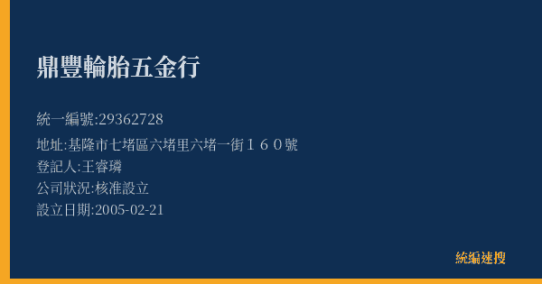 鼎豐輪胎五金行的照片-統編 29362728(基隆市) 公司登記資料與營業項目詳細圖表
