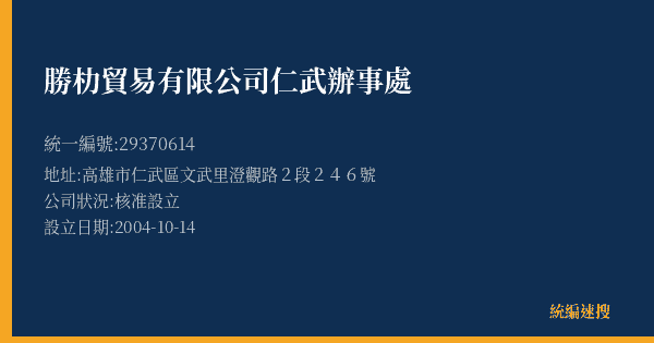 勝朸貿易有限公司仁武辦事處的照片-統編 29370614(高雄市) 公司登記資料與營業項目詳細圖表