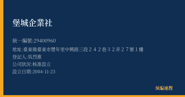 堡城企業社的照片-統編 29400960(臺東縣) 公司登記資料與營業項目詳細圖表