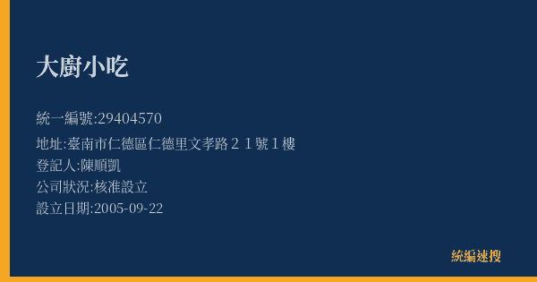 大廚小吃的照片-統編 29404570(臺南市) 公司登記資料與營業項目詳細圖表
