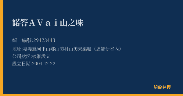 諾答AVai山之味的照片-統編 29423443(嘉義縣) 公司登記資料與營業項目詳細圖表