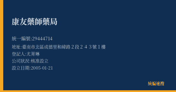 康友藥師藥局的照片-統編 29444714(臺南市) 公司登記資料與營業項目詳細圖表