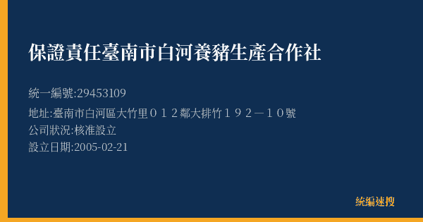 保證責任臺南市白河養豬生產合作社的照片-統編 29453109(臺南市) 公司登記資料與營業項目詳細圖表