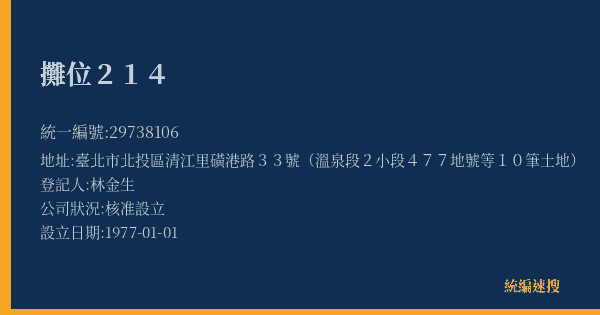 攤位214的照片-統編 29738106(臺北市) 公司登記資料與營業項目詳細圖表