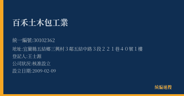 百禾土木包工業的照片-統編 30102362(宜蘭縣) 公司登記資料與營業項目詳細圖表