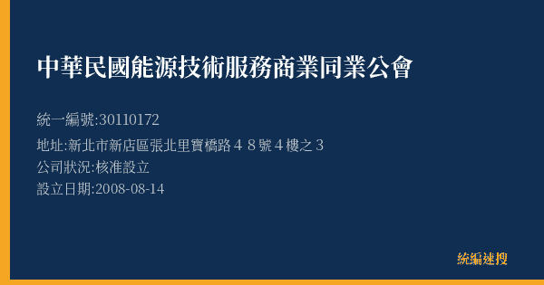 中華民國能源技術服務商業同業公會的照片-統編 30110172(新北市) 公司登記資料與營業項目詳細圖表