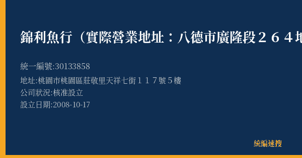 錦利魚行(實際營業地址:八德市廣隆段264地號)的照片-統編 30133858(桃園市) 公司登記資料與營業項目詳細圖表